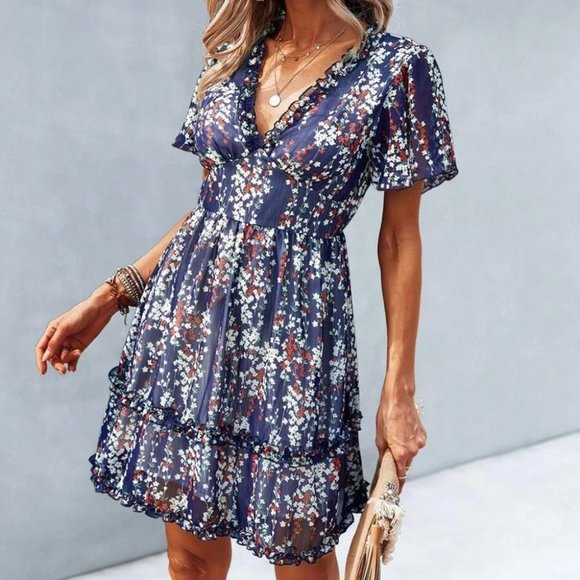 Boho Floral Print Frill Trim Dress blue Cottagecore - Picture 4 of 6